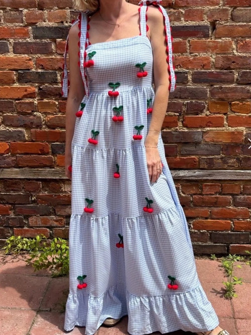 Blue Gingham Cherry-Embroidered Tie-Strap Maxi Dress